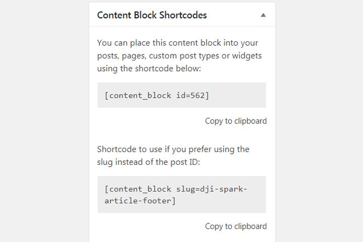 版面右欄看見 「Content Block Shortcodes」