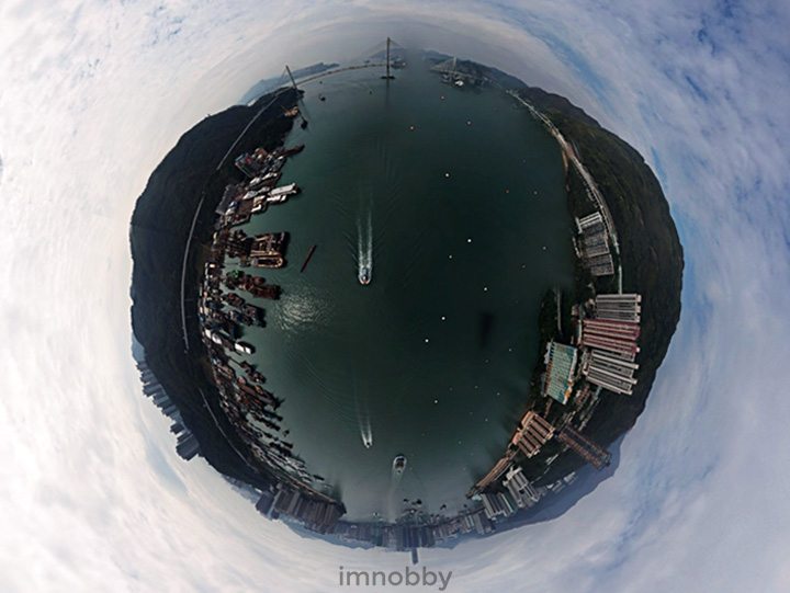 於 DJI Go App 內將視點拉至垂直向地便能形成「球形全景」圖像
