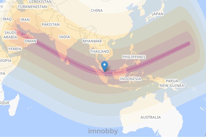 timeanddate.com 日食帶地圖顯示新加坡日環食地區 (Dec 26 1:22:43 pm)