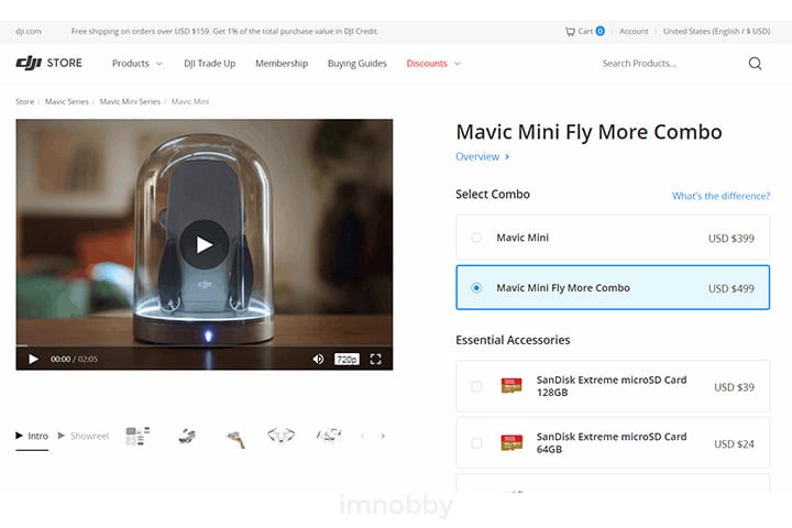 於 DJI 美國官網下單購買 DJI Mavic Mini Fly More Combo (USD $499)