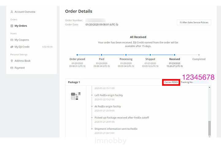 當 DJI 寄出貨件後 (Shipped)，您會在訂單頁面 (Order Detail) 內看到該訂單的運輸公司 (Carrier) 及追踪號碼 (Tracking No.)，例如這個訂單由 Fedex 運送。