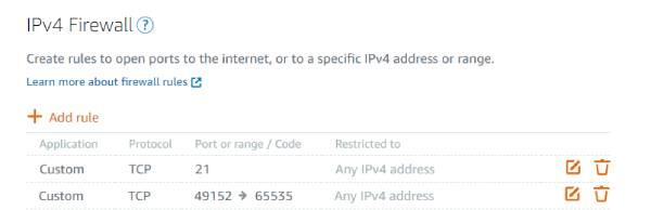 In IPv4 Firewall, click "Add Rule". Add Custom TCP 21 And Custom TCP 49152 - 65535